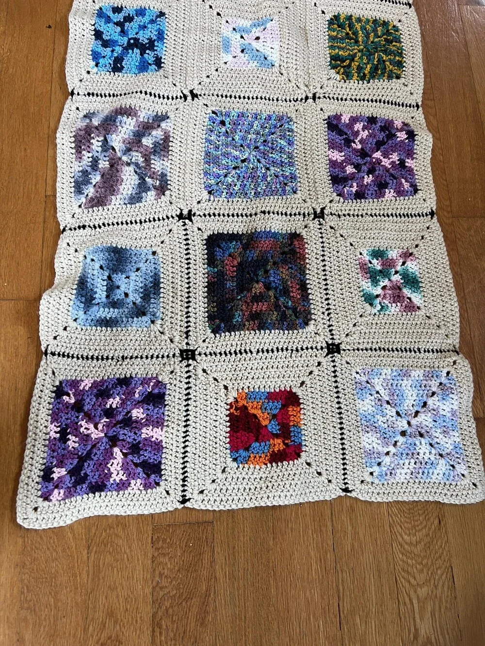 Handmade Crochet Granny Square Afghan Blanket Lap Throw Multicolor Beige Boho